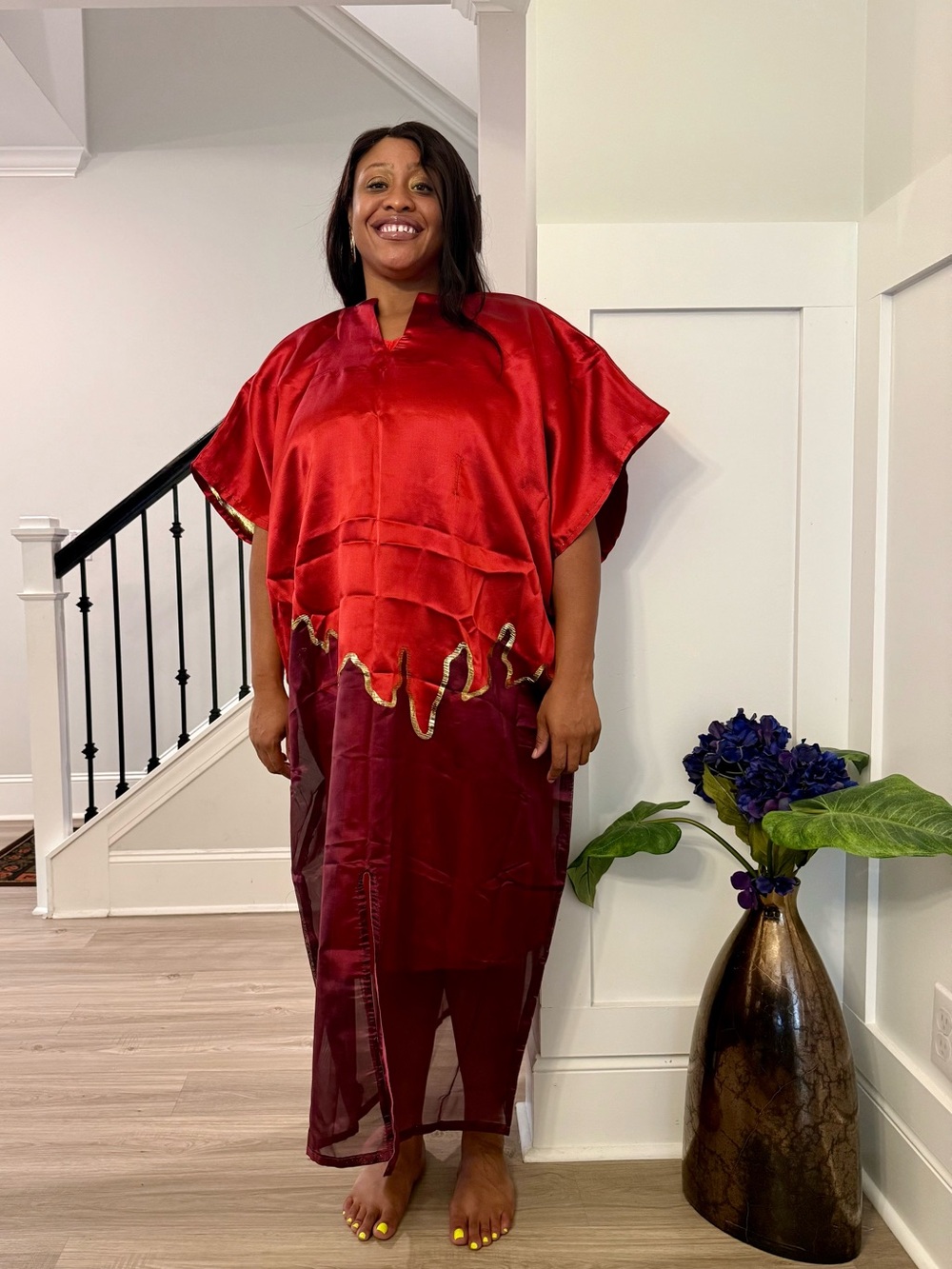 Women's Red & Burgundy Damask Organza Brocade  - Elegant Evening Wear